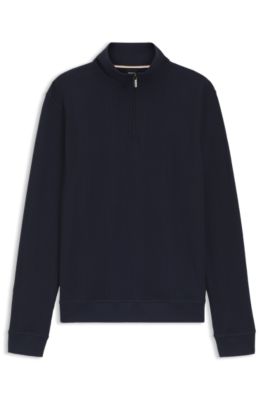 Cotton-blend zipper-neck sweatshirt with waffle structure, Dark Blue