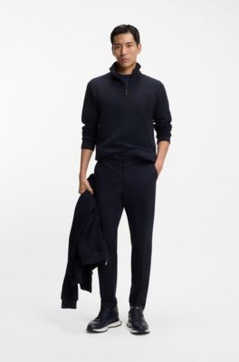 Cotton-blend zipper-neck sweatshirt with waffle structure, Dark Blue