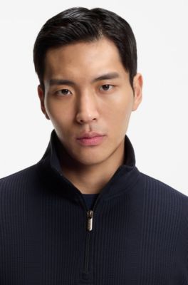 Cotton-blend zipper-neck sweatshirt with waffle structure, Dark Blue