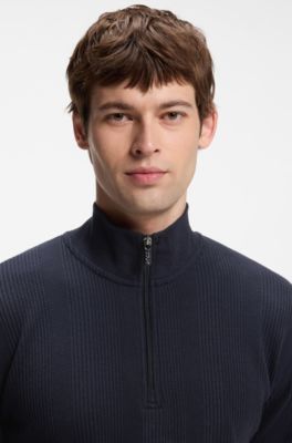 Cotton-blend zipper-neck sweatshirt with waffle structure, Dark Blue