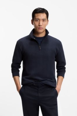 Cotton-blend zipper-neck sweatshirt with waffle structure, Dark Blue