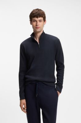 Cotton-blend zipper-neck sweatshirt with waffle structure, Dark Blue