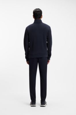 Cotton-blend zipper-neck sweatshirt with waffle structure, Dark Blue