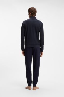 Cotton-blend zipper-neck sweatshirt with waffle structure, Dark Blue