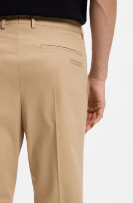 Slim-fit trousers in cotton, silk and stretch, Beige