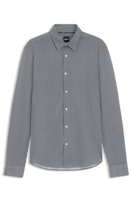 Camisa slim fit en tejido flexible estampado, Azul oscuro
