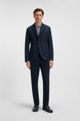 Camisa slim fit en tejido flexible estampado, Azul oscuro