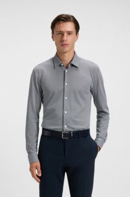 Camisa slim fit en tejido flexible estampado, Azul oscuro