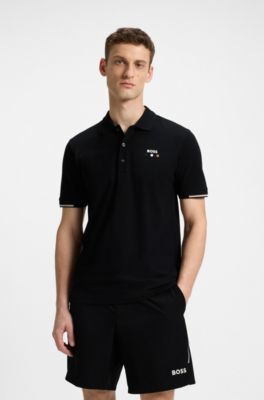 Polo Paddy activo de algod&oacute;n mercerizado con detalles de cuadr&iacute;cula, Negro
