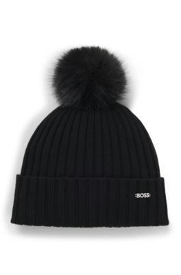 Gorro de punto de lana virgen con pomp&oacute;n de imitaci&oacute;n de piel, Negro
