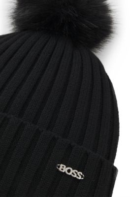 Virgin-wool beanie hat with faux-fur pom pom, Black