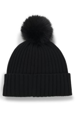 Gorro de punto de lana virgen con pomp&oacute;n de imitaci&oacute;n de piel, Negro