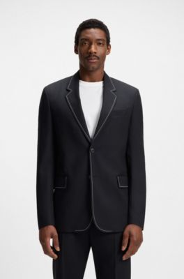 Veste d&eacute;contract&eacute;e en laine vierge &agrave; surpiq&ucirc;re contrastante, Bleu fonc&eacute;