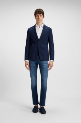 Checked slim-fit jacket in stretch cloth, Dark Blue