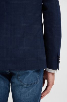 Checked slim-fit jacket in stretch cloth, Dark Blue