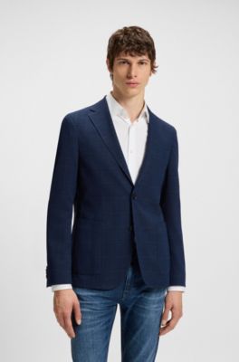 Checked slim-fit jacket in stretch cloth, Dark Blue