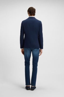 Checked slim-fit jacket in stretch cloth, Dark Blue