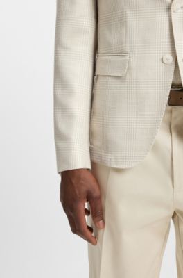 Veste Slim en laine, soie et lin &agrave; carreaux, Blanc