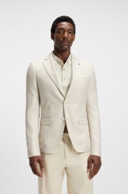 Veste Slim en laine, soie et lin &agrave; carreaux, Blanc