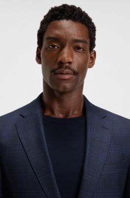 Veste Slim en laine vierge &agrave; carreaux, Bleu fonc&eacute;