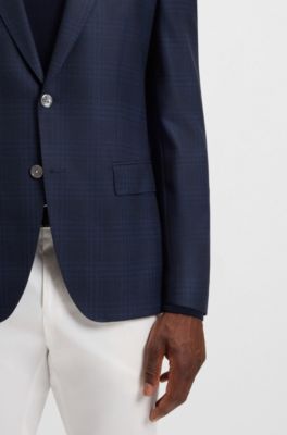 Blazer slim fit de lana virgen a cuadros, Azul oscuro