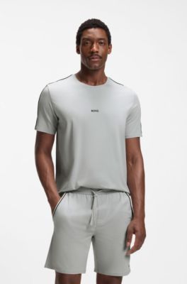 Stretch-cotton pajama top with signature-stripe tape, Light Grey