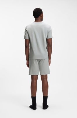Stretch-cotton pajama top with signature-stripe tape, Light Grey
