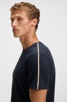 Camiseta de pijama en algod&oacute;n el&aacute;stico con rayas de la marca, Azul oscuro