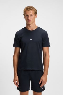 Stretch-cotton pyjama T-shirt with signature-stripe tape, Dark Blue