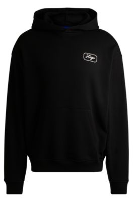 Sweat &agrave; capuche en molleton de coton avec motif artistique brod&eacute;, Noir