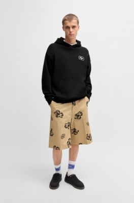 Sweat &agrave; capuche en molleton de coton avec motif artistique brod&eacute;, Noir