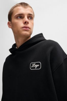 Sweat &agrave; capuche en molleton de coton avec motif artistique brod&eacute;, Noir