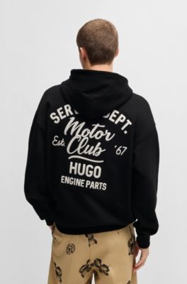 Sweat &agrave; capuche en molleton de coton avec motif artistique brod&eacute;, Noir