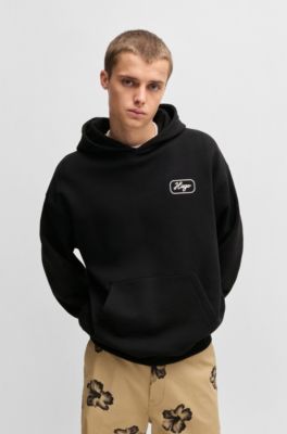 Sweat &agrave; capuche en molleton de coton avec motif artistique brod&eacute;, Noir