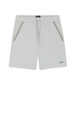 Stretch-cotton pyjama shorts with signature-stripe tape, Light Grey