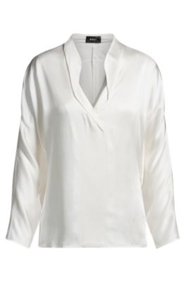 Regular-fit blouse with draped neckline, White