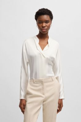 Regular-fit blouse with draped neckline, White