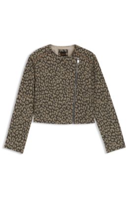 Blouson de motard court en coton m&eacute;lang&eacute; avec motif l&eacute;opard en jacquard, Marron