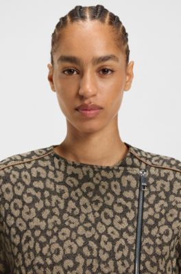 Chaqueta biker corta en jacquard de algod&oacute;n con motivo de leopardo, Marr&oacute;n