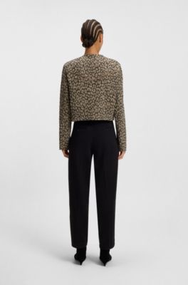 Blouson de motard court en coton m&eacute;lang&eacute; avec motif l&eacute;opard en jacquard, Marron