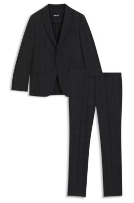 Traje slim fit a cuadros de lana el&aacute;stica antiarrugas, Negro
