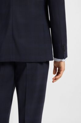 Checked slim-fit suit in stretch wool, Dark Blue