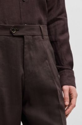 Pantalones de pinzas en lino y lana, Marr&oacute;n oscuro