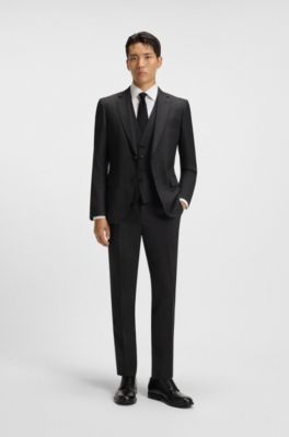 Micro-patterned slim-fit suit in stretch wool, Black