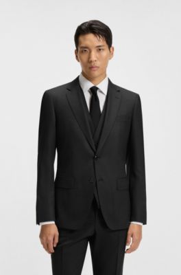 Traje slim fit en tejido el&aacute;stico de lana virgen con microestampado, Negro