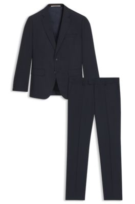 Traje slim fit en tejido el&aacute;stico de lana virgen con microestampado, Azul oscuro