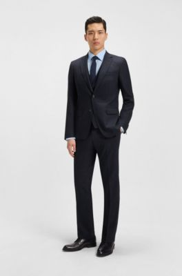Micro-patterned slim-fit suit in stretch wool, Dark Blue