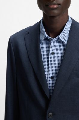 Patterned slim-fit suit in stretch wool, Dark Blue