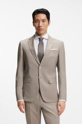 Traje slim fit de dos piezas en lana virgen jaspeada, Beige claro