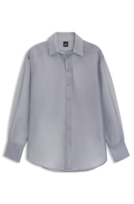 Blusa de manga larga en organza de seda, Celeste